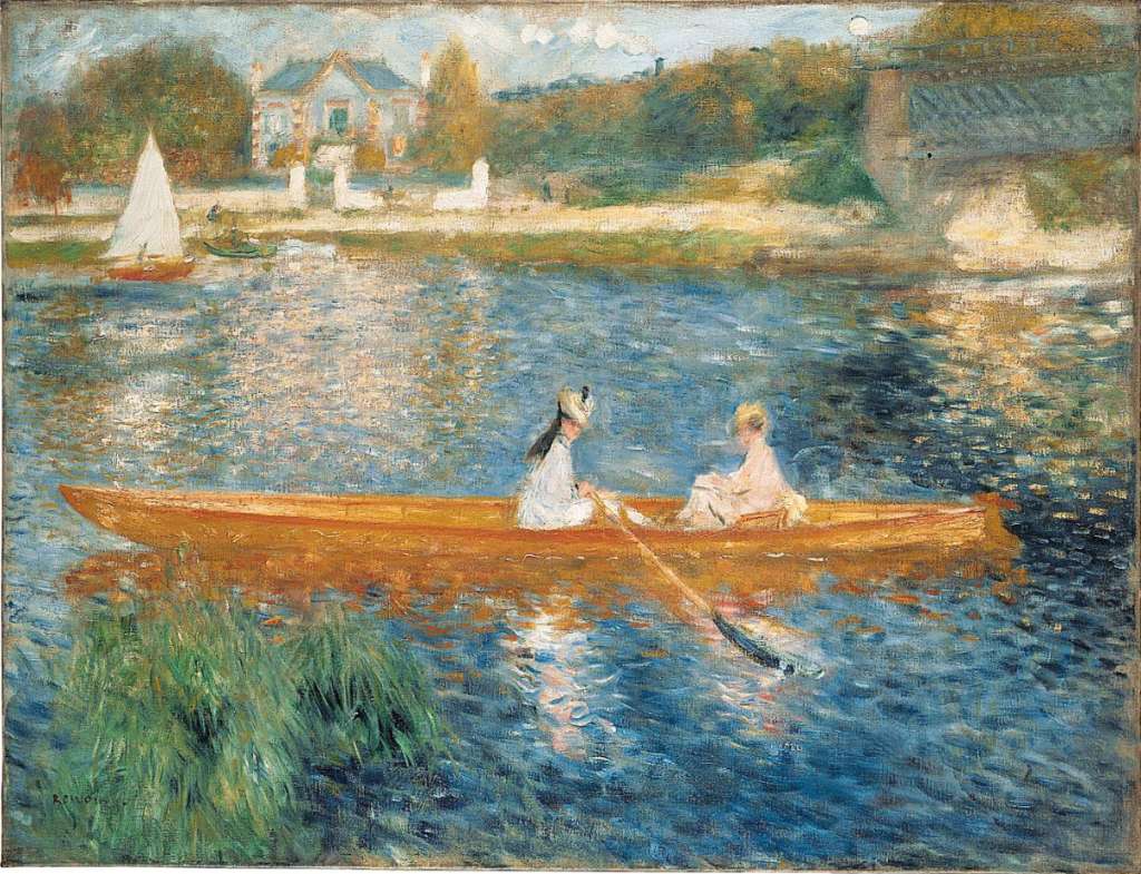 London National Gallery Top 20 17 Pierre-Auguste Renoir - Boating On the Seine Pierre Auguste Renoir - Boating on the Seine, 1879-80, 71 x 92 cm. Two young women row lazily on the Seine in the haze of a hot summer�s day. A slight breeze cools the air, as the sunlight flickers on the water, casting shadows and reflections on its rippling surface. The orange hue of the skiff against the blue of the river exploits the use of complementary colours.